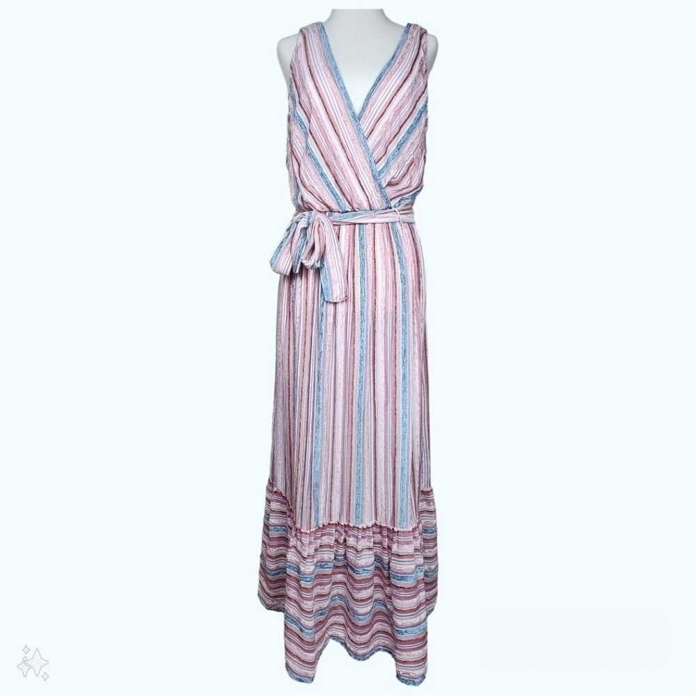 Sleeveless Striped Tiered Wrap Style Belted Velvet Maxi Dress w Pockets 8 - Picture 4 of 13
